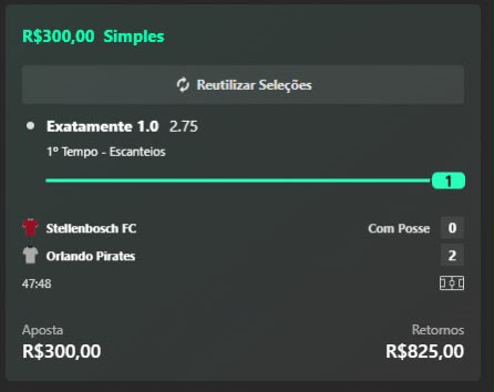 Aposta exatamente 1.0 escanteios 1º tempo, Stellenbosch x Orlando Pirates, retorno de R$825,00