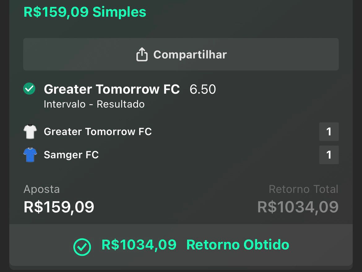 Aposta Greater Tomorrow FC, intervalo resultado, retorno obtido de R$1034,09