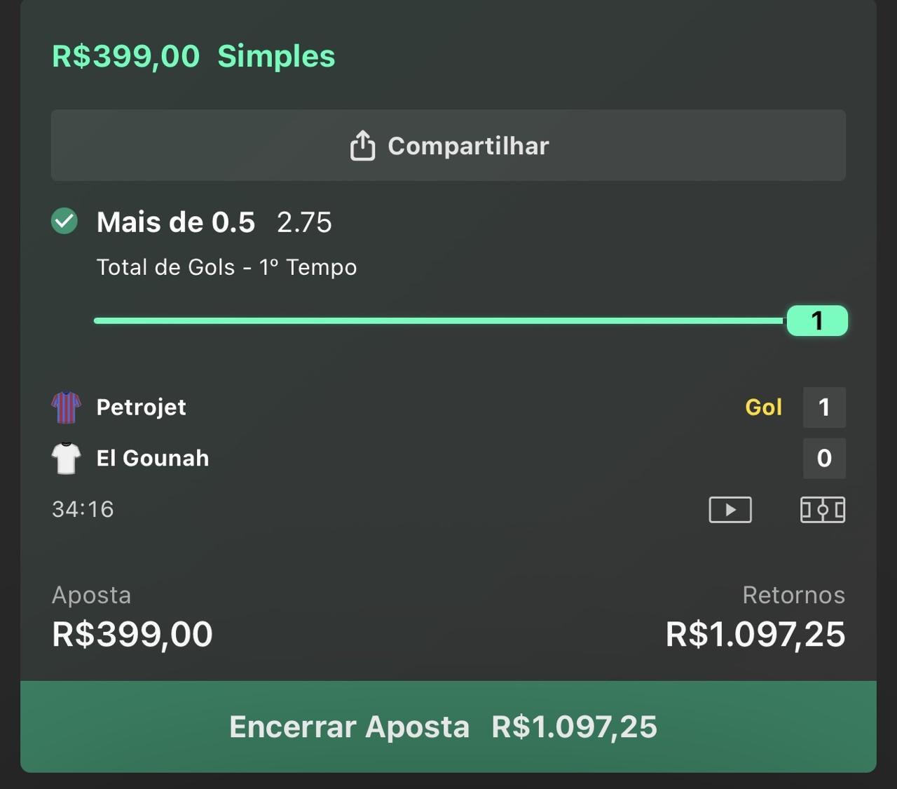 Aposta mais de 0.5 gols 1º tempo, Petrojet x El Gounah, retorno de R$1097,25