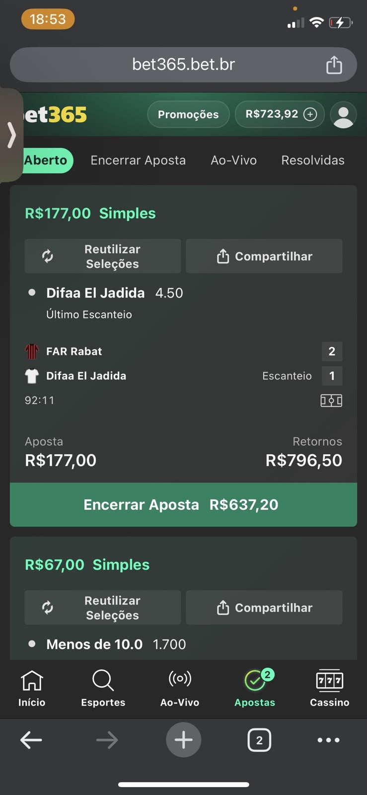 Aposta último escanteio Difaa El Jadida, FAR Rabat x Difaa El Jadida, retorno de R$796,50
